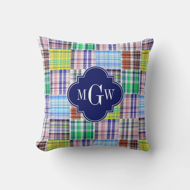Preppy Patchwork Madras Navy Quatrefoil Monogram Kudde (Framsida)