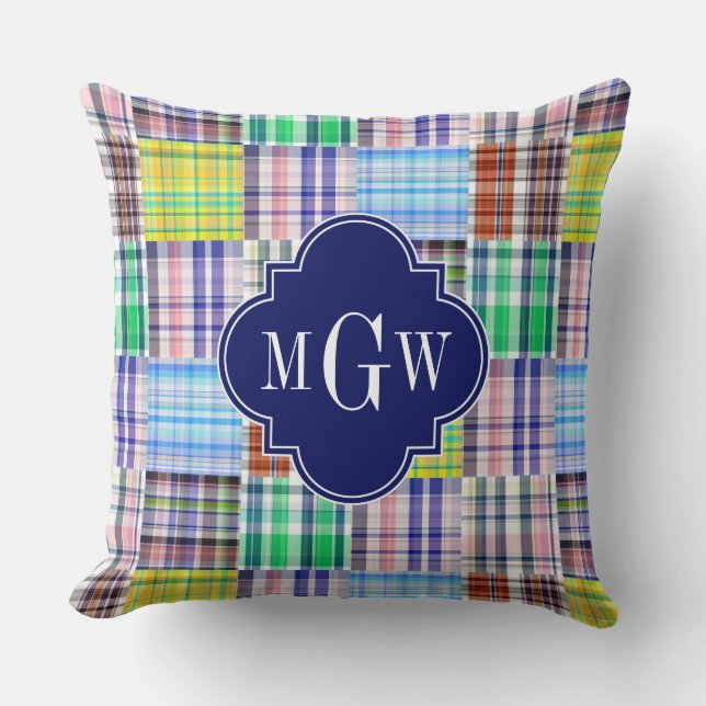Preppy Patchwork Madras Navy Quatrefoil Monogram Kudde (Framsida)