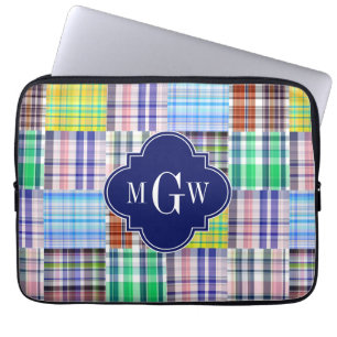 Preppy Patchwork Madras Navy Quatrefoil Monogram Laptop Fodral