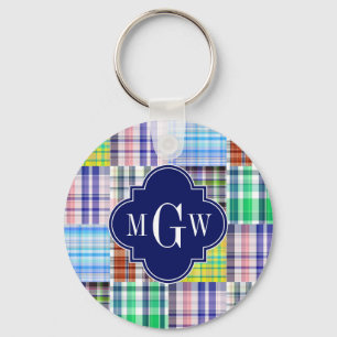 Preppy Patchwork Madras Navy Quatrefoil Monogram Nyckelring