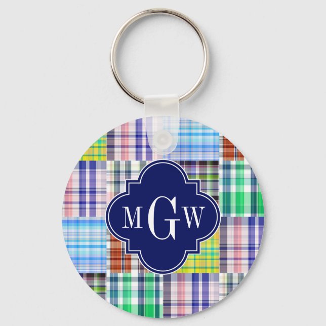 Preppy Patchwork Madras Navy Quatrefoil Monogram Nyckelring (Framsida)
