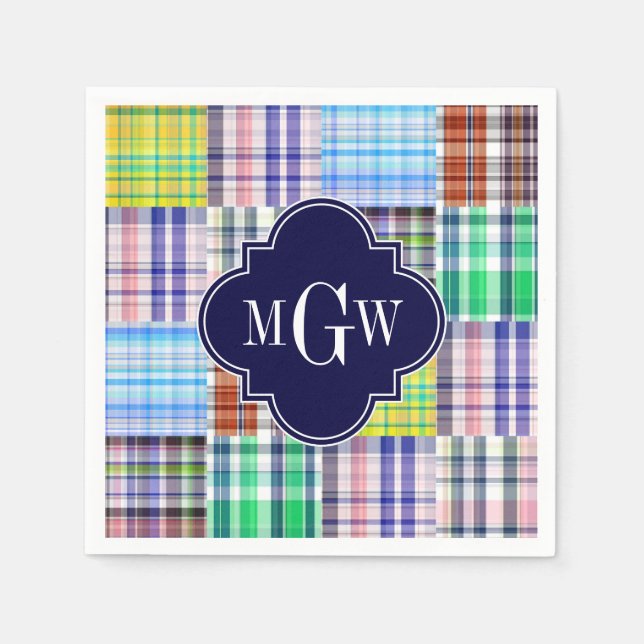 Preppy Patchwork Madras Navy Quatrefoil Monogram Pappersservett (Framsidan)