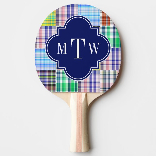 Preppy Patchwork Madras Navy Quatrefoil Monogram Pingisracket (Framsidan)
