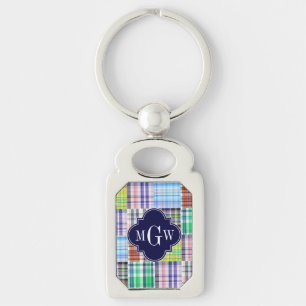 Preppy Patchwork Madras Navy Quatrefoil Monogram Rektangulärt Silverfärgad Nyckelring