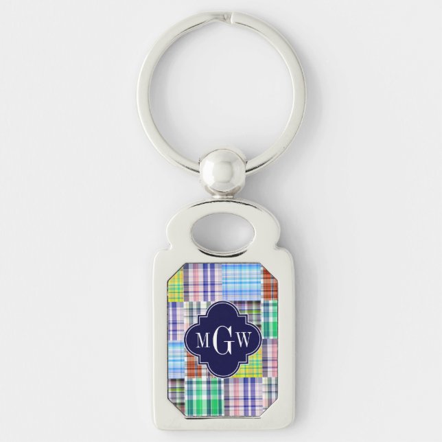 Preppy Patchwork Madras Navy Quatrefoil Monogram Rektangulärt Silverfärgad Nyckelring (Framsidan)