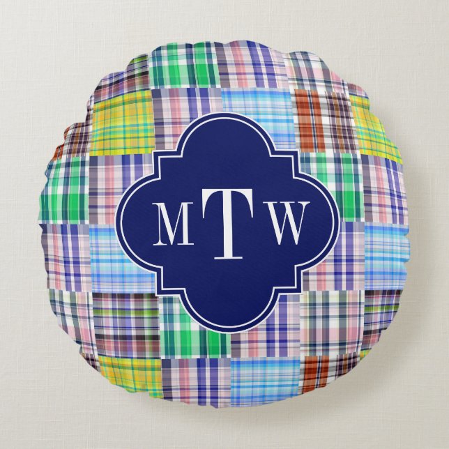 Preppy Patchwork Madras Navy Quatrefoil Monogram Rund Kudde (Framsidan)
