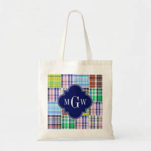 Preppy Patchwork Madras Navy Quatrefoil Monogram Tygkasse