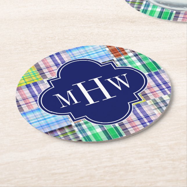 Preppy Patchwork Madras Navy Quatrefoil Monogram Underlägg Papper Rund (Vinklad)