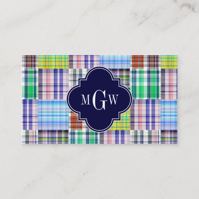 Preppy Patchwork Madras Navy Quatrefoil Monogram Visitkort (Framsida)