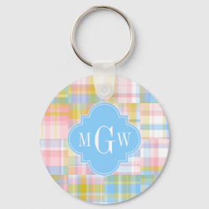 Preppy Patchwork Madras Pastel Quatrefoil Initiale Nyckelring