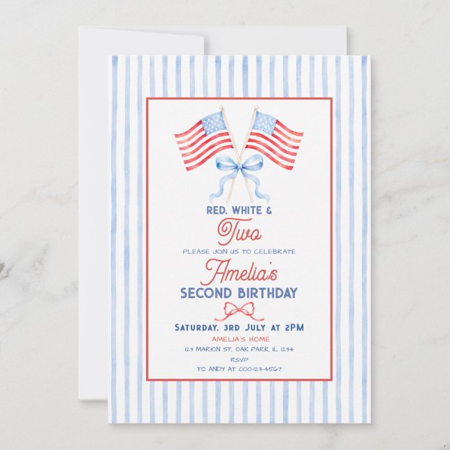 Preppy Patriotisk 4:e Juli Andra Födelsedagen Inbjudningar (Framsida)