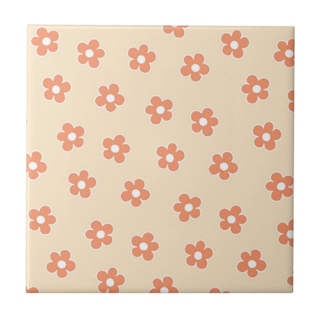 Preppy Peach White Hippie Flower Mönster Kakelplatta (Framsidan)