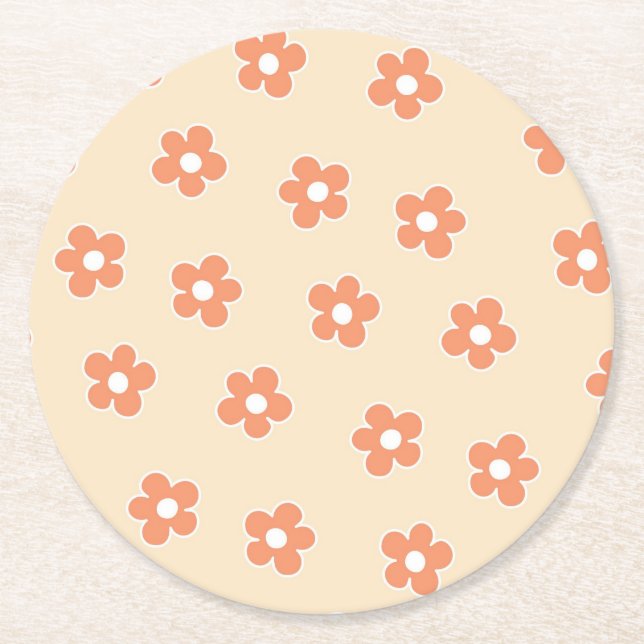 Preppy Peach White Hippie Flower Mönster Underlägg Papper Rund (Framsidan)