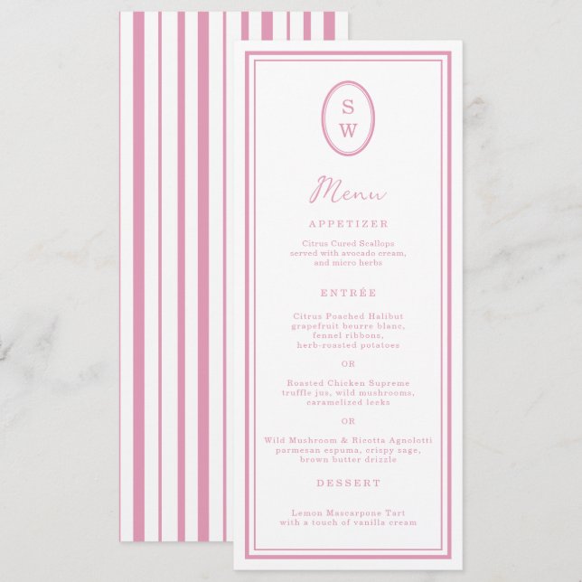 Preppy Peony Pink Chic Monogram Wedding Menu Card Inbjudningar (Fram/baksida)