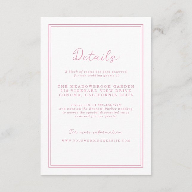 Preppy Peony Pink Chic Wedding Details Card Tilläggskort (Framsida)