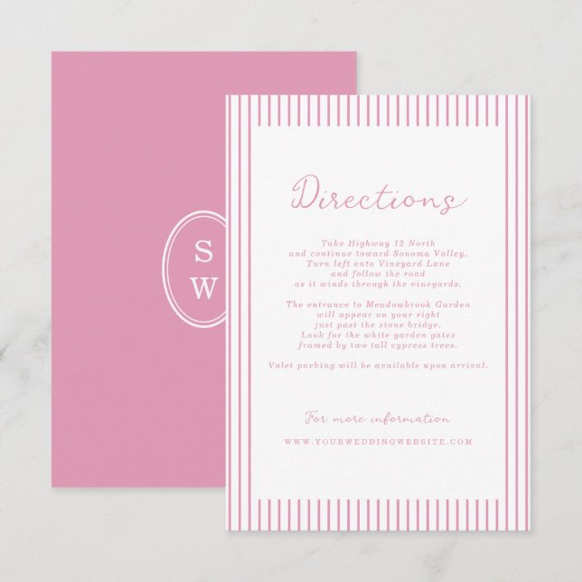 Preppy Peony Pink Chic Wedding Directions Card Tilläggskort (Fram/baksida)