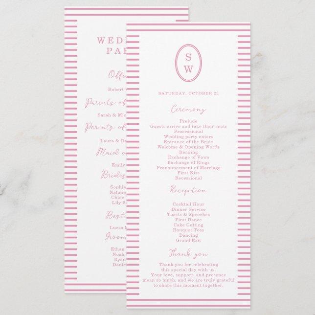 Preppy Peony Pink Chic Wedding Program Card (Fram/baksida)