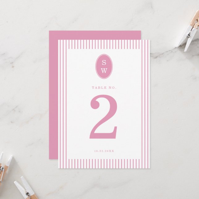 Preppy Peony Pink Chic Wedding Table Number Card Inbjudningar (Fram/Back In Situ)