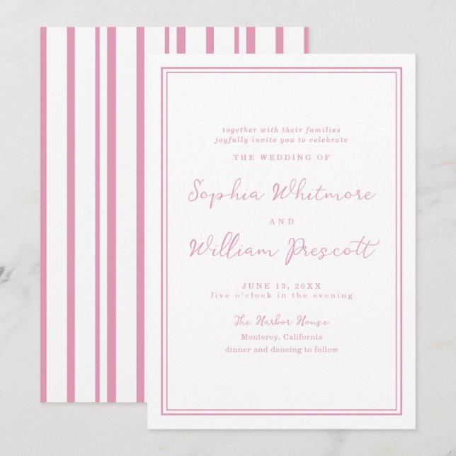 Preppy Peony Pink Striped Wedding Invitation Inbjudningar (Fram/baksida)