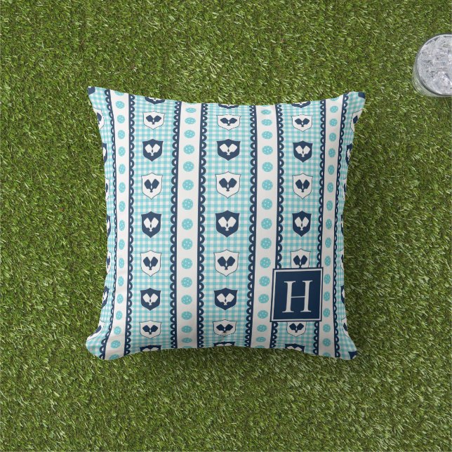 Preppy Pickleball Crest Gingham - Marinblå & Turko Kudde (Gräs)