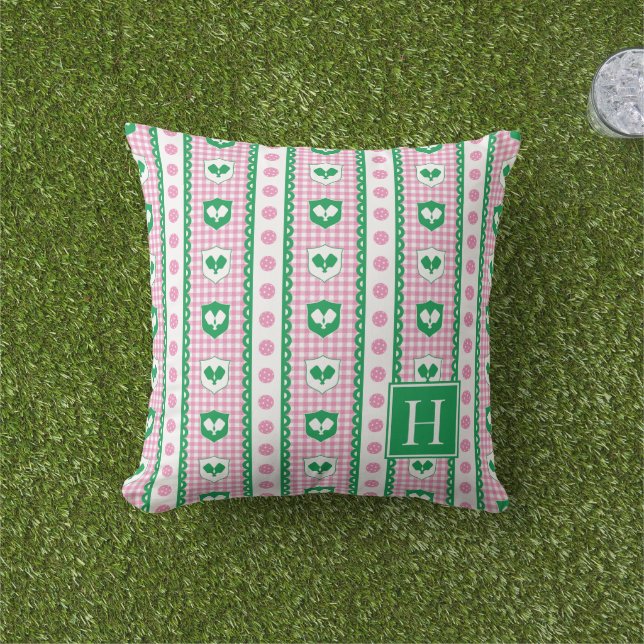 Preppy Pickleball Crest Gingham - Rosa & Grön Kudde (Gräs)
