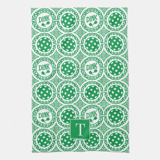 Preppy Pickleball Damask - Grön Dink-mönster Kökshandduk (Vertikal)