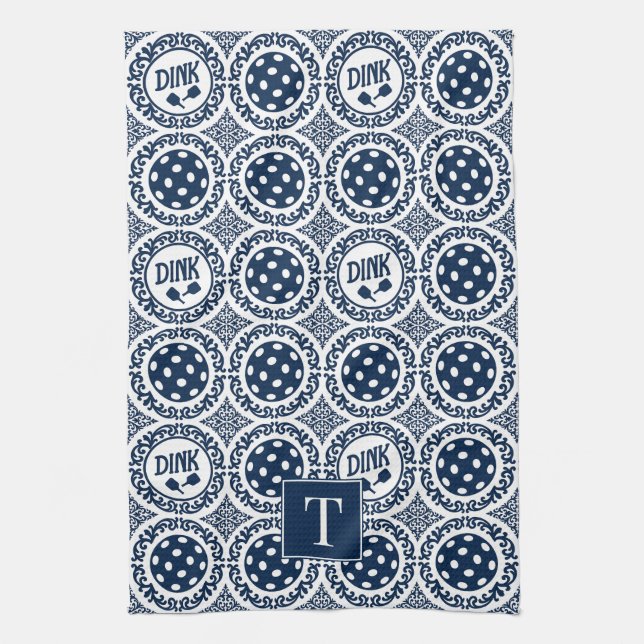 Preppy Pickleball Damask - Marinblå Dink-mönster Kökshandduk (Vertikal)
