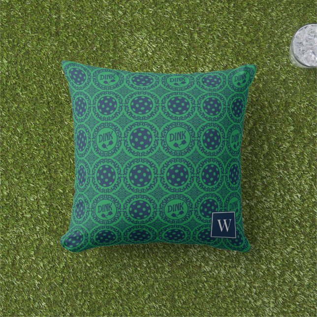 Preppy Pickleball Damask – Marinblå & Grön Dink   Kudde (Gräs)