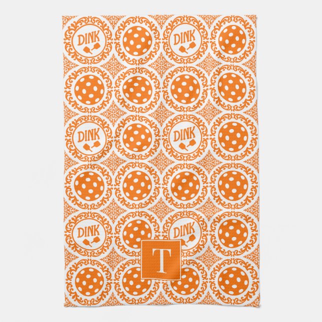 Preppy Pickleball Damask - Orange Dink-mönster Kökshandduk (Vertikal)