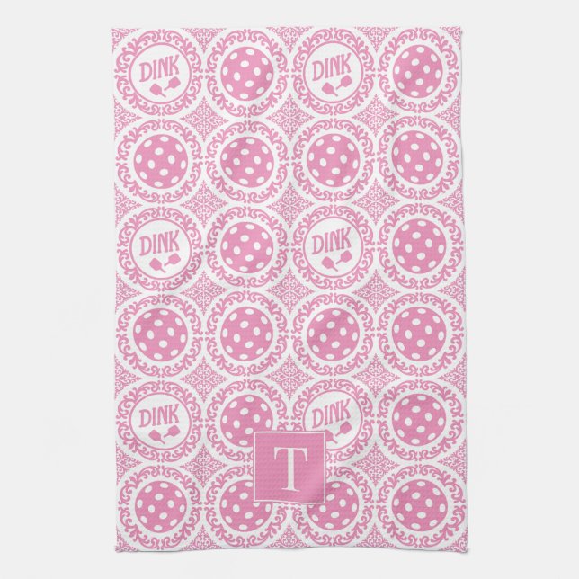 Preppy Pickleball Damask - Rosa Dink-mönster Kökshandduk (Vertikal)