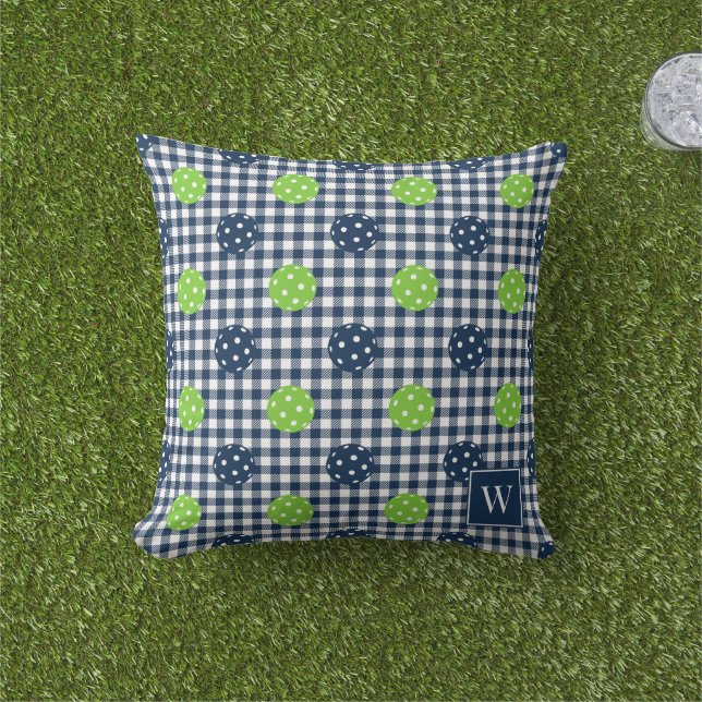 Preppy Pickleball Gingham – Marinblå & Limegrön Kudde (Gräs)