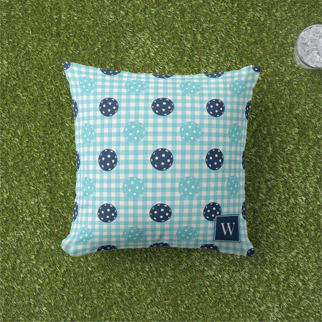 Preppy Pickleball Gingham – Marinblå & Turkos Kudde (Gräs)