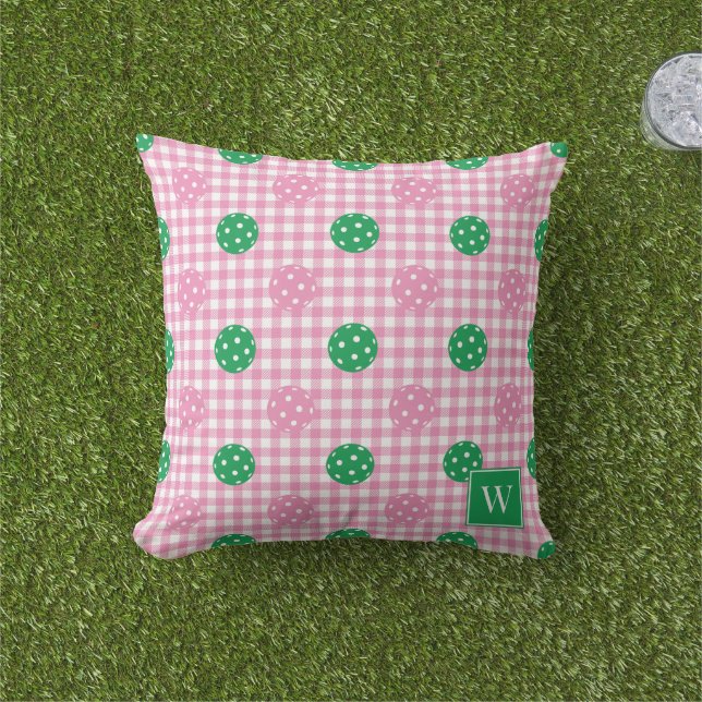 Preppy Pickleball Gingham – Rosa & Grön Kudde (Gräs)