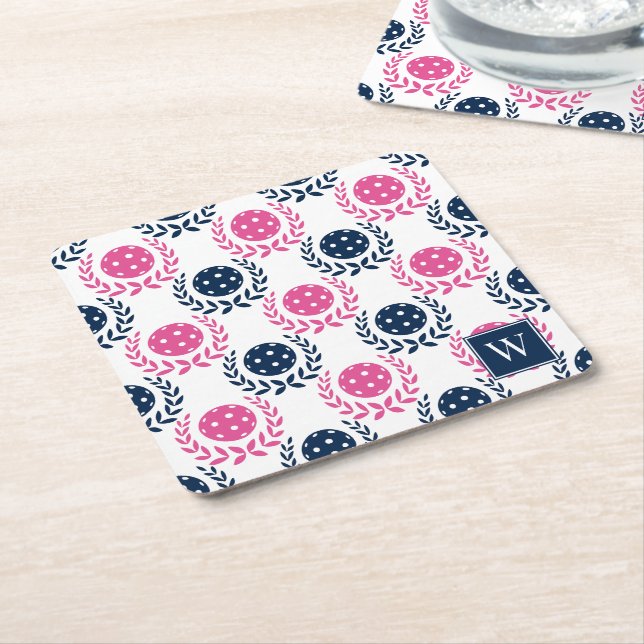 Preppy Pickleball Laurel Wreath –Navy & Hot Pink Underlägg Papper Kvadrat (Vinklad)