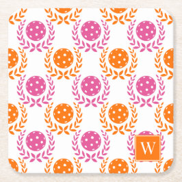 Preppy Pickleball Laurel Wreath – Orange Hot Pink Underlägg Papper Kvadrat