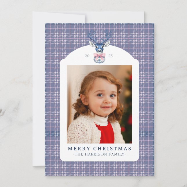 Preppy Pink and Blue Plaid Chinoiserie Christmas  Julkort (Framsida)