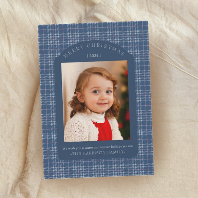 Preppy Pink and Blue Plaid Classic Christmas Card Julkort (Skapare uppladdad)