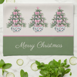 Preppy Pink and Green Chinoiserie Christmas Tree Kökshandduk
