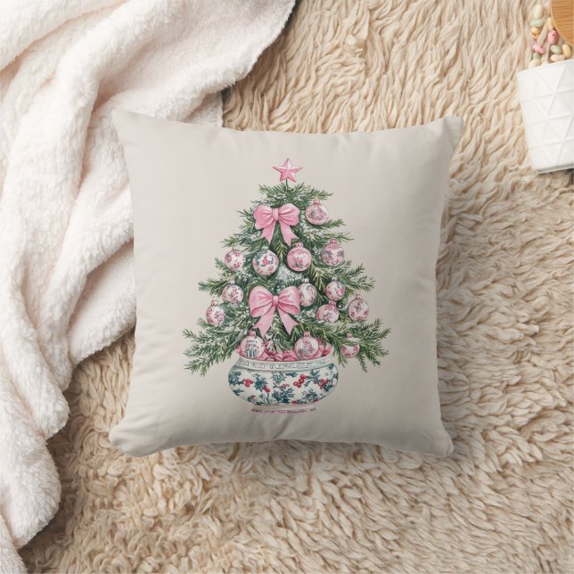 Preppy Pink and Green Chinoiserie Christmas Tree Kudde (Filt)