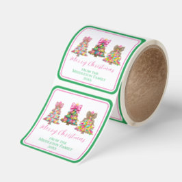 Preppy Pink and Green Christmas Trees Fyrkantigt Klistermärke