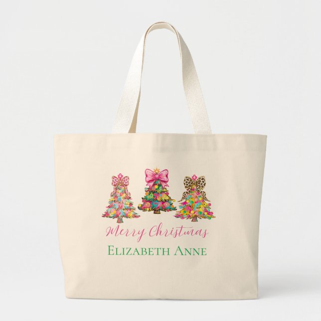 Preppy Pink and Green Christmas Trees Jumbo Tygkasse (Framsidan)