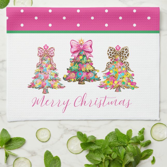 Preppy Pink and Green Christmas Trees Kökshandduk (Vikta)