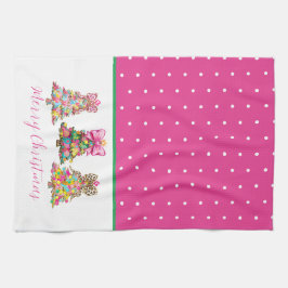 Preppy Pink and Green Christmas Trees Kökshandduk