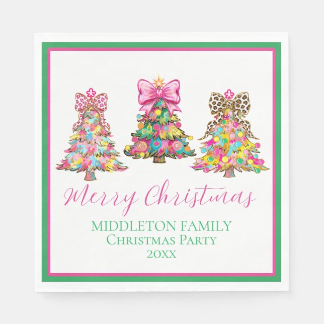 Preppy Pink and Green Christmas Trees Pappersservett (Framsidan)