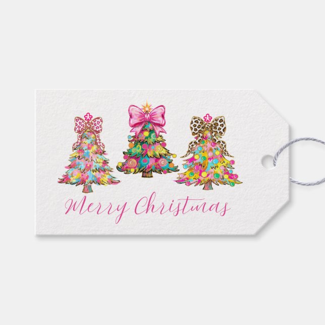 Preppy Pink and Green Christmas Trees Presentetikett (Framsidan (Horisontell))