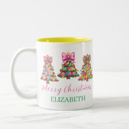 Preppy Pink and Green Christmas Trees Två-Tonad Mugg