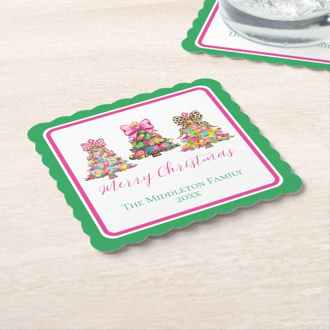 Preppy Pink and Green Christmas Trees Underlägg Papper (Vinklad)