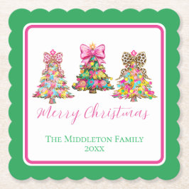 Preppy Pink and Green Christmas Trees Underlägg Papper