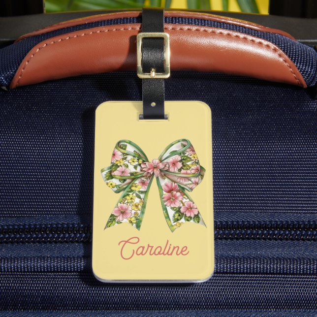 Preppy Pink and Green Floral Bow Personalized Bagagebricka (Framsida Insitu 2)