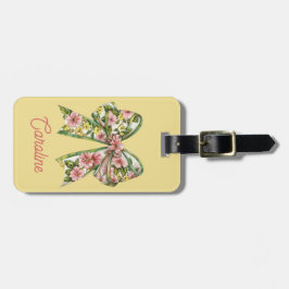Preppy Pink and Green Floral Bow Personalized Bagagebricka